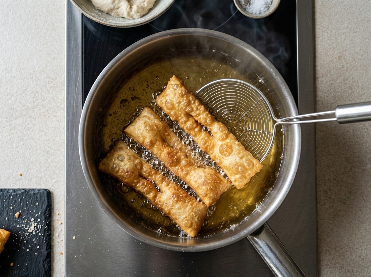 Sgabei dough strips frying and blistering in hot oil in a deep saucepan on the stovetop