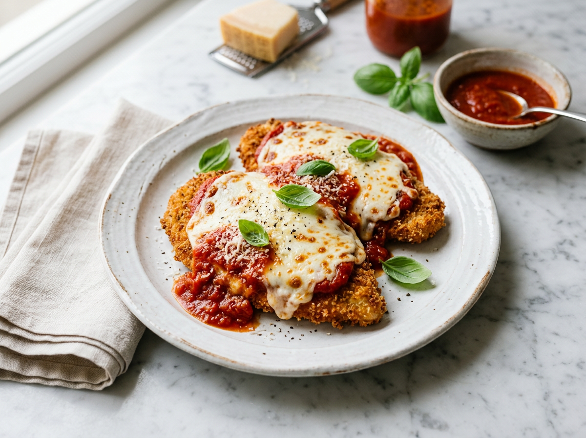 Petto di pollo alla parmigiana with melted mozzarella, tomato sauce, and fresh basil on a white ceramic plate