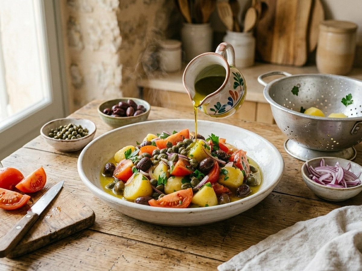 Warm boiled potato chunks being dressed with olive oil and Sicilian capers in a wide shallow bowl