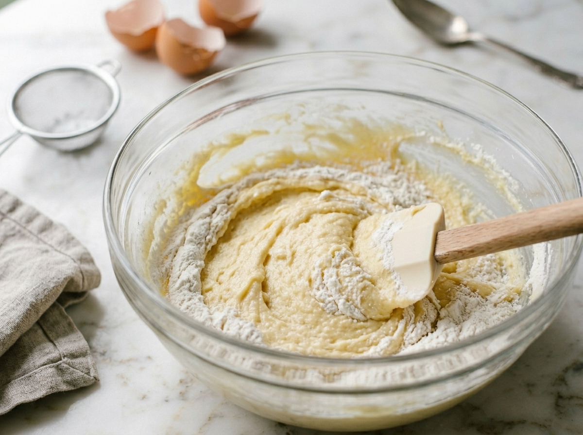 Rubber spatula folding flour and potato starch into creamed butter batter for torta paradiso in a glass bowl