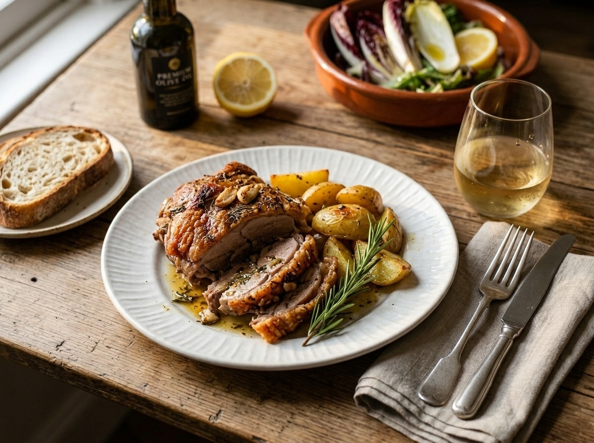 Plated capretto al forno with potato wedges, rosemary garnish, and a glass of white wine