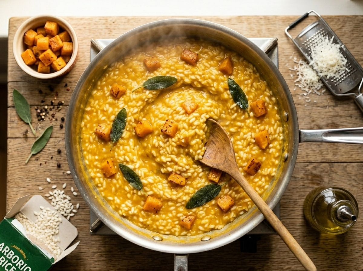 Wooden spoon stirring creamy pumpkin risotto in a wide sauté pan showing the all'onda flowing consistency