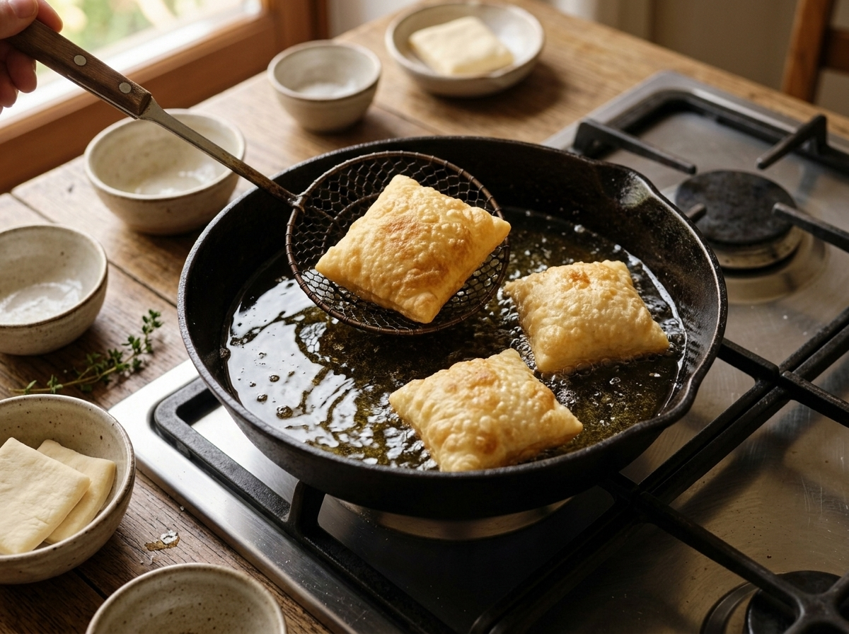 Gnocco fritto pieces puffing and blistering in hot sunflower oil in a cast-iron skillet