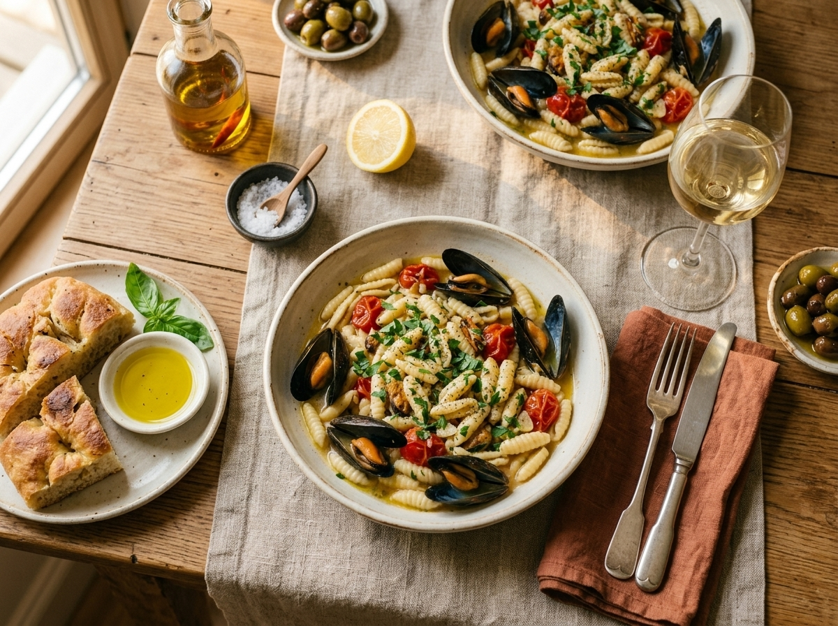 Two bowls of cavatelli with mussels on a wooden table beside a glass of white wine and olive oil bottle