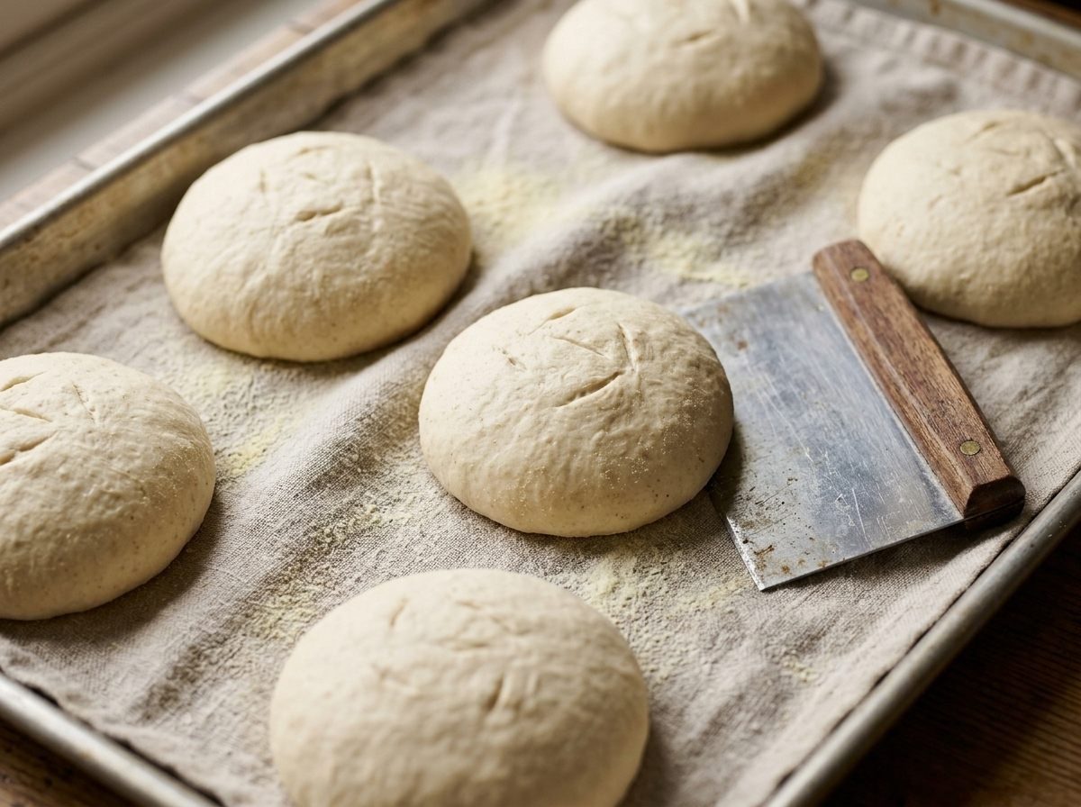 Six shaped puccia dough rounds resting on a floured linen tray before baking, lightly scored on top