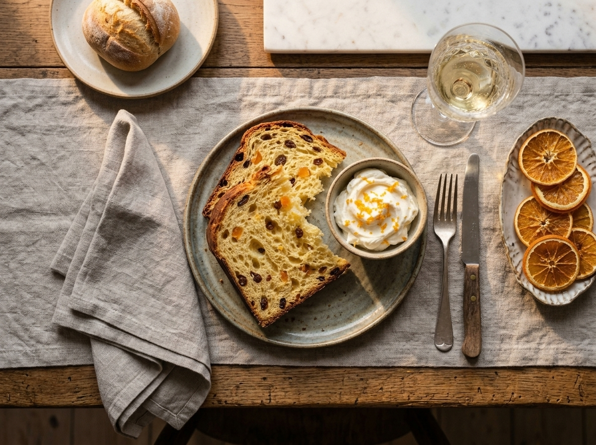 Thick slices of panettone fatto in casa on ceramic plate with whipped mascarpone and a glass of Moscato d'Asti