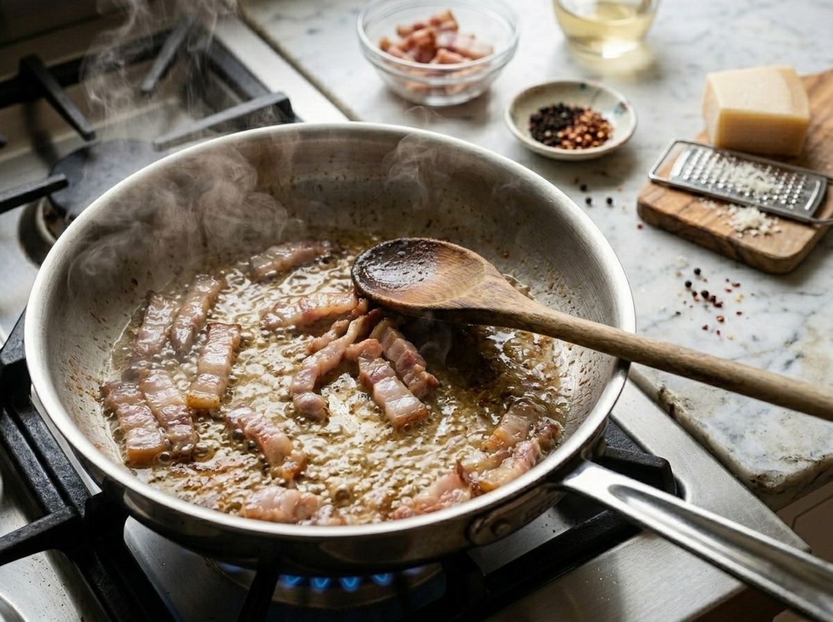 Guanciale strips rendering in a skillet with white wine deglazing, building the Amatriciana sauce base