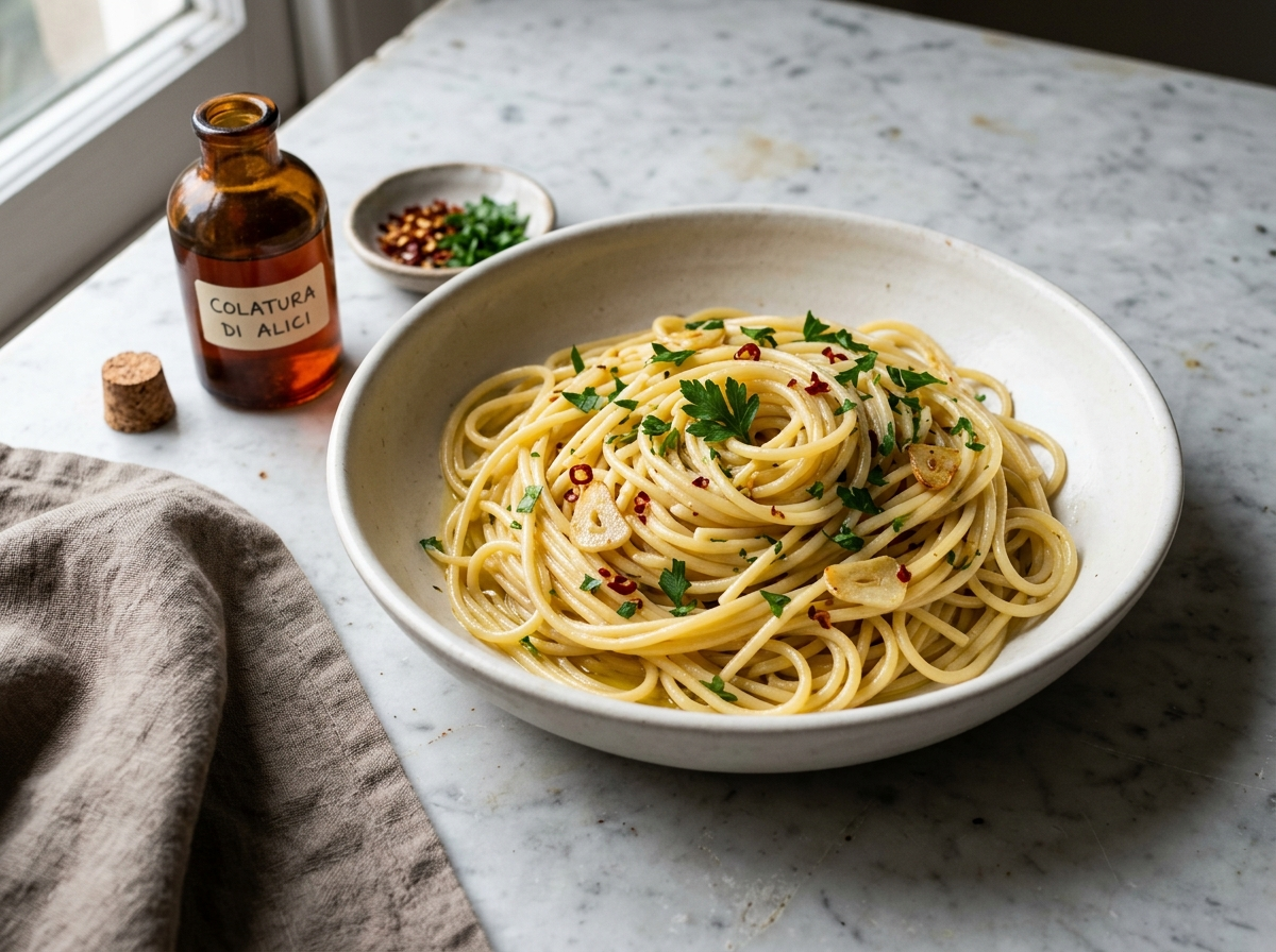 Spaghetti con la colatura di alici in a white bowl with garlic slices, chili flakes, parsley, and colatura bottle on marble