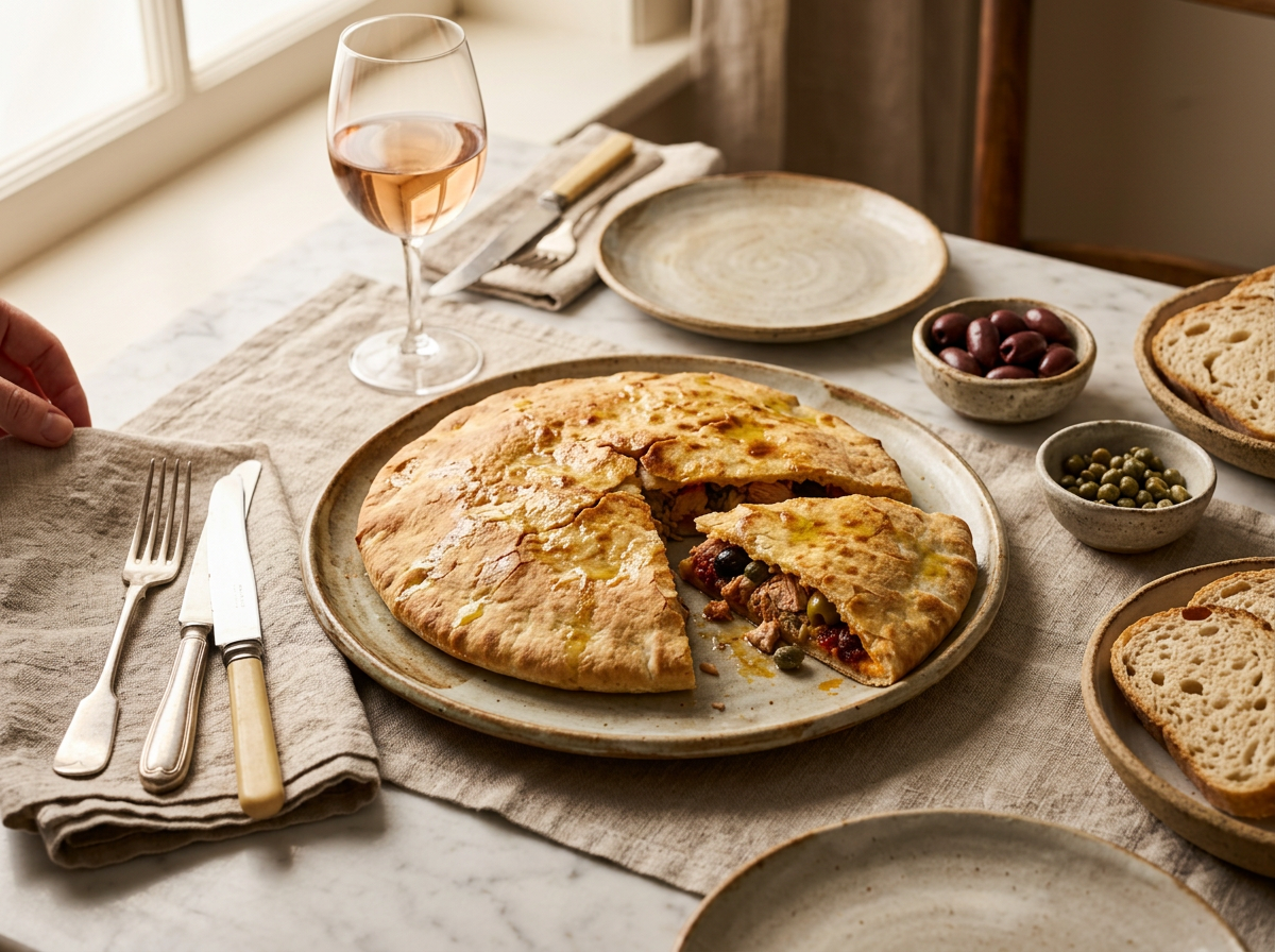 Sliced pitta calabrese wedges on a ceramic plate served with a glass of Calabrian rosato wine
