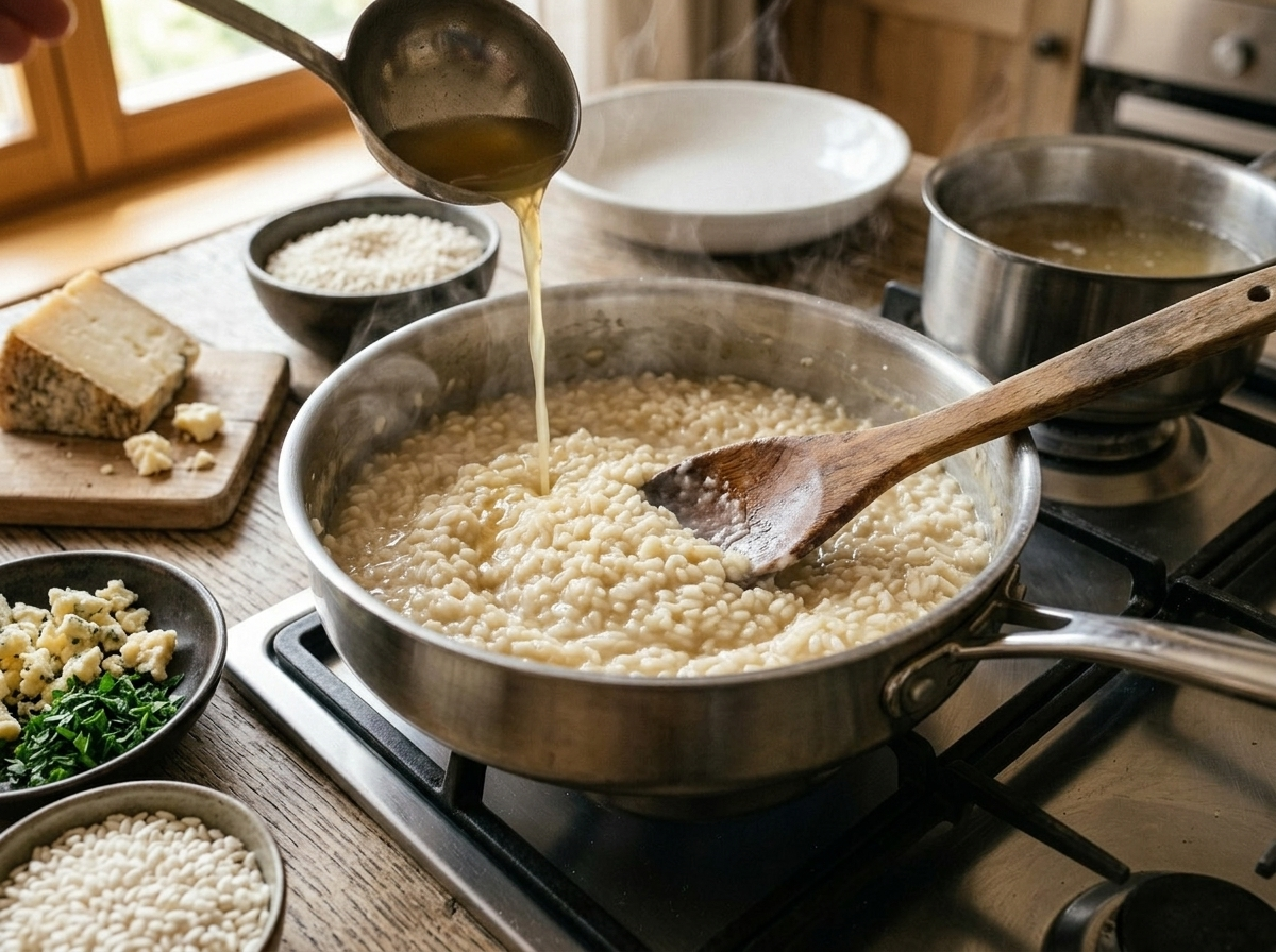 Wooden spoon stirring Carnaroli risotto in a saucepan as warm stock is ladled in during cooking