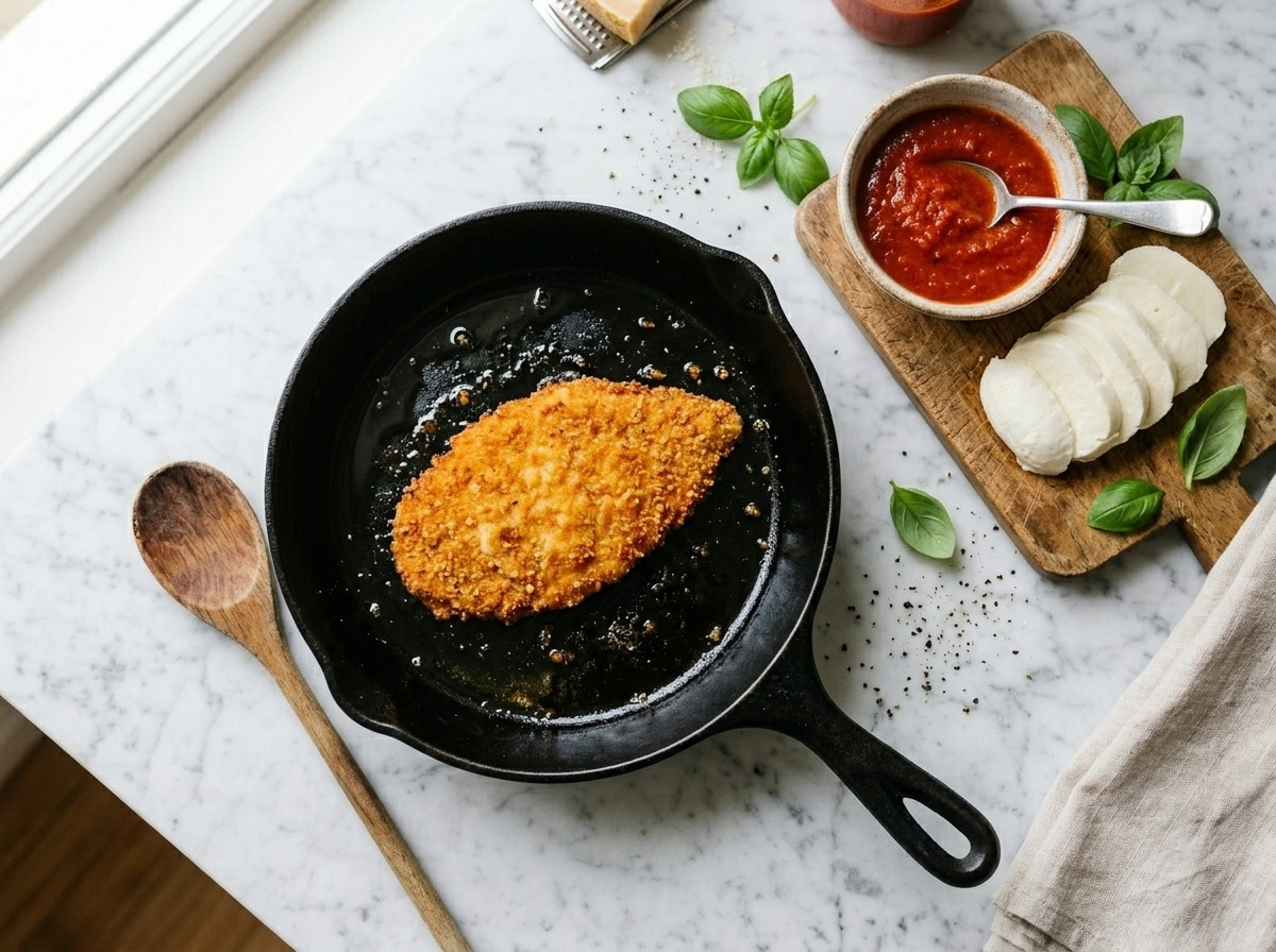 Golden breaded chicken cutlet frying in a cast iron skillet with shimmering olive oil and a crisp amber crust forming