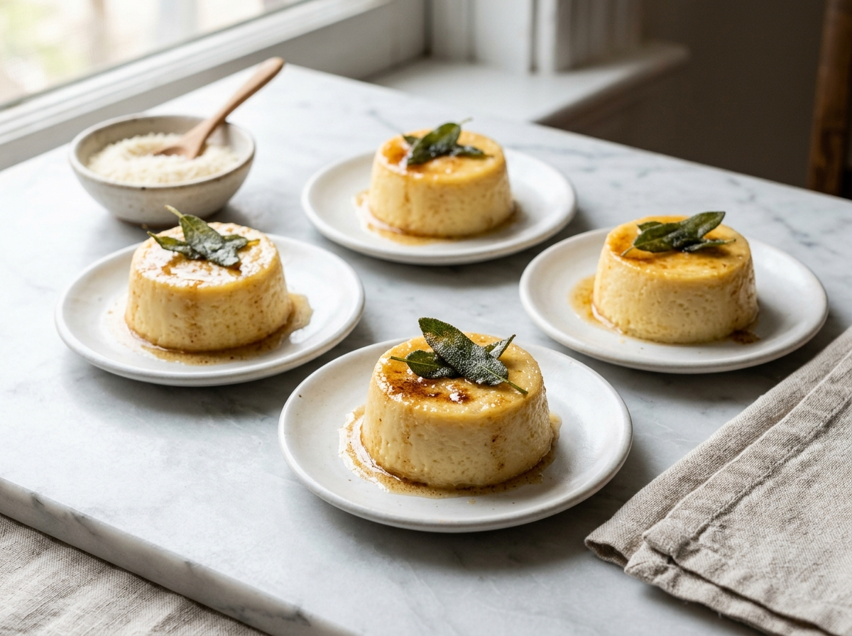 Four unmolded flan di parmigiano on white plates with brown butter and crispy sage, marble surface