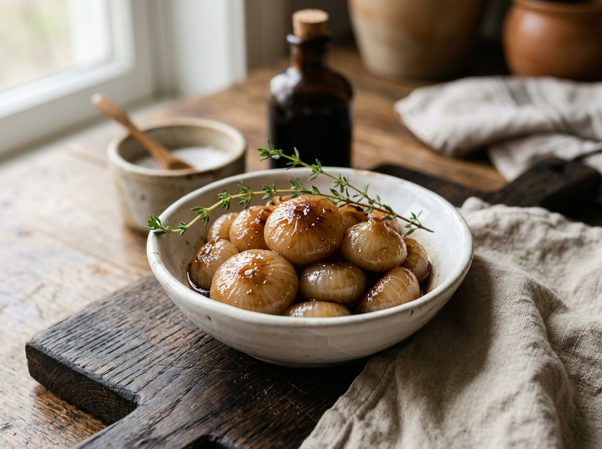 Glossy cipolline in agrodolce in a white ceramic bowl on a dark wooden board with fresh thyme
