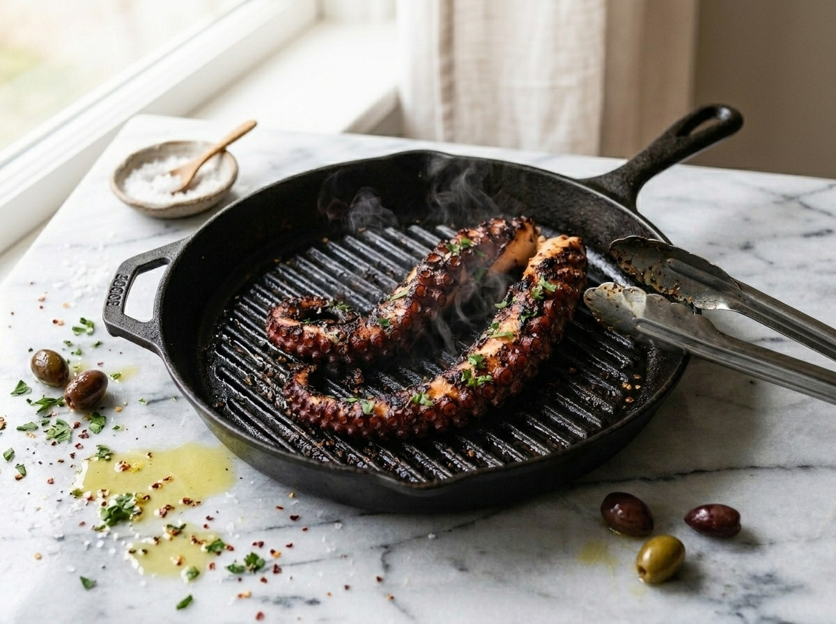 Octopus tentacles on a cast iron grill pan with visible grill marks forming and steam rising