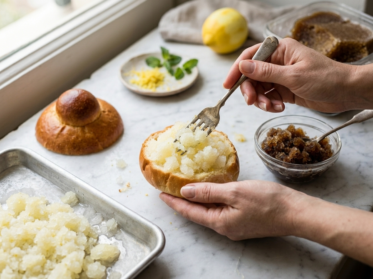 Fork scraping coarse lemon granita crystals in a shallow aluminum freezer tray on a stone kitchen counter