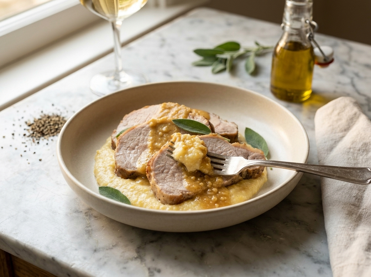 Maiale al latte plated over soft polenta with golden milk sauce in a wide bowl