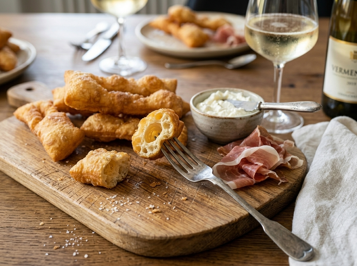 Sgabei served on a wooden board with cured meats, soft cheese, and a glass of sparkling Vermentino