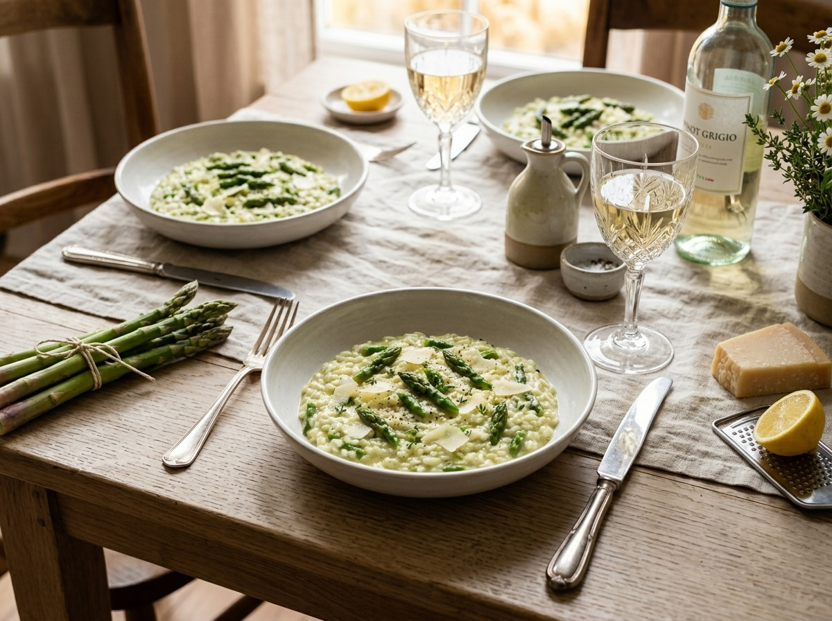 Two bowls of risotto agli asparagi on a linen table with fresh asparagus, Parmigiano, and white wine