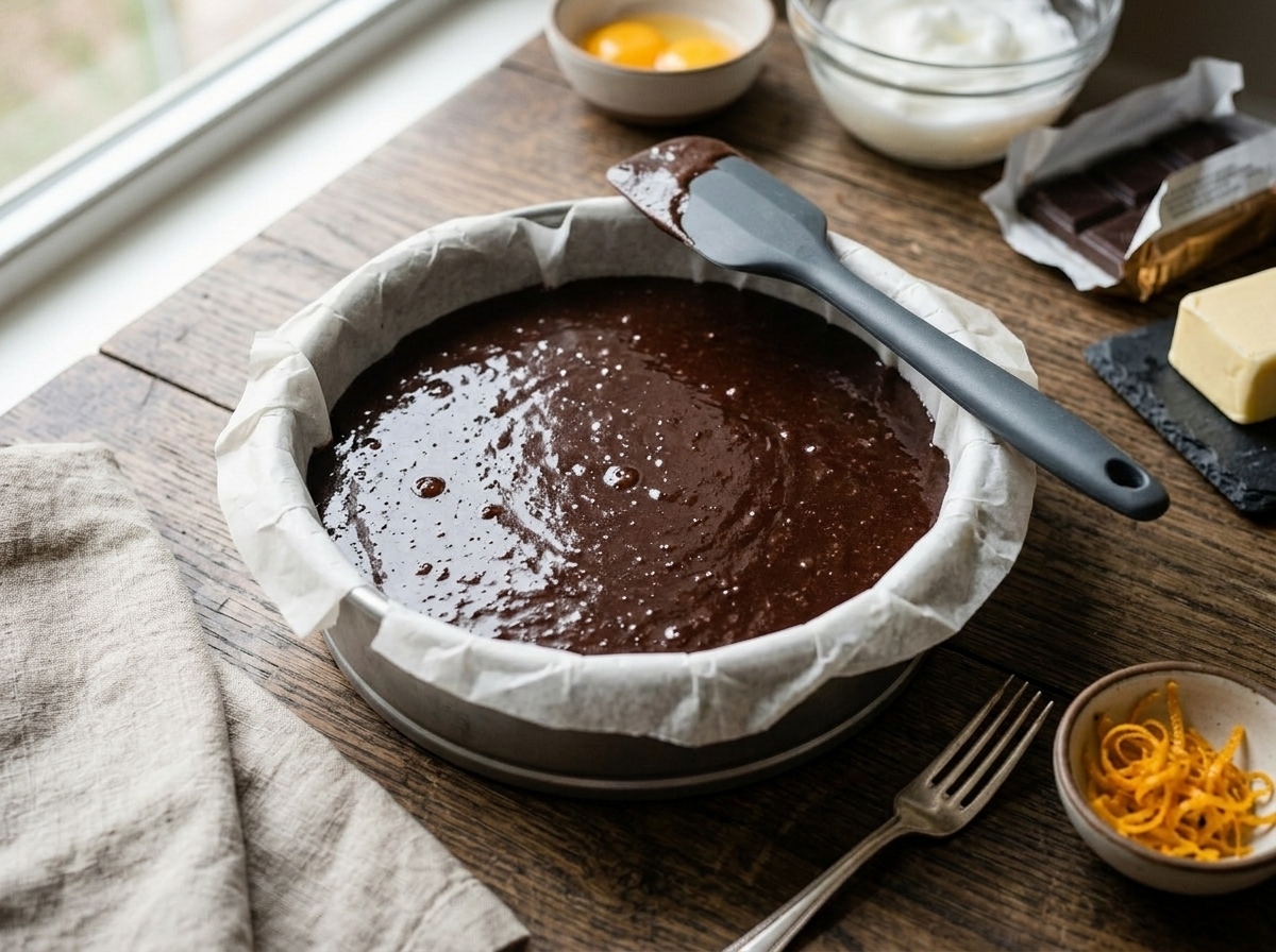 Dark chocolate batter poured into a parchment-lined round pan ready to bake, rubber spatula resting on the rim
