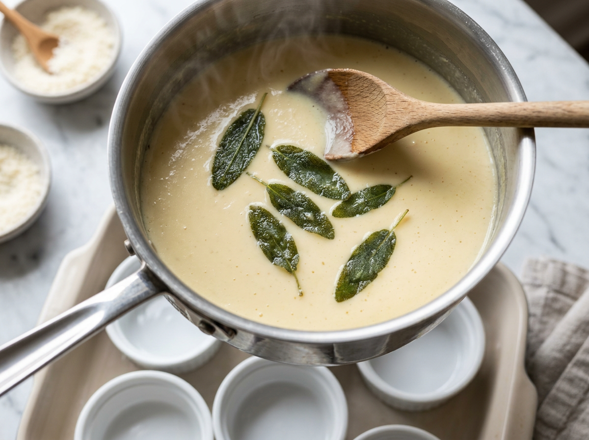 Parmesan custard being strained through a fine-mesh sieve into a jug, ramekins and roasting pan in background