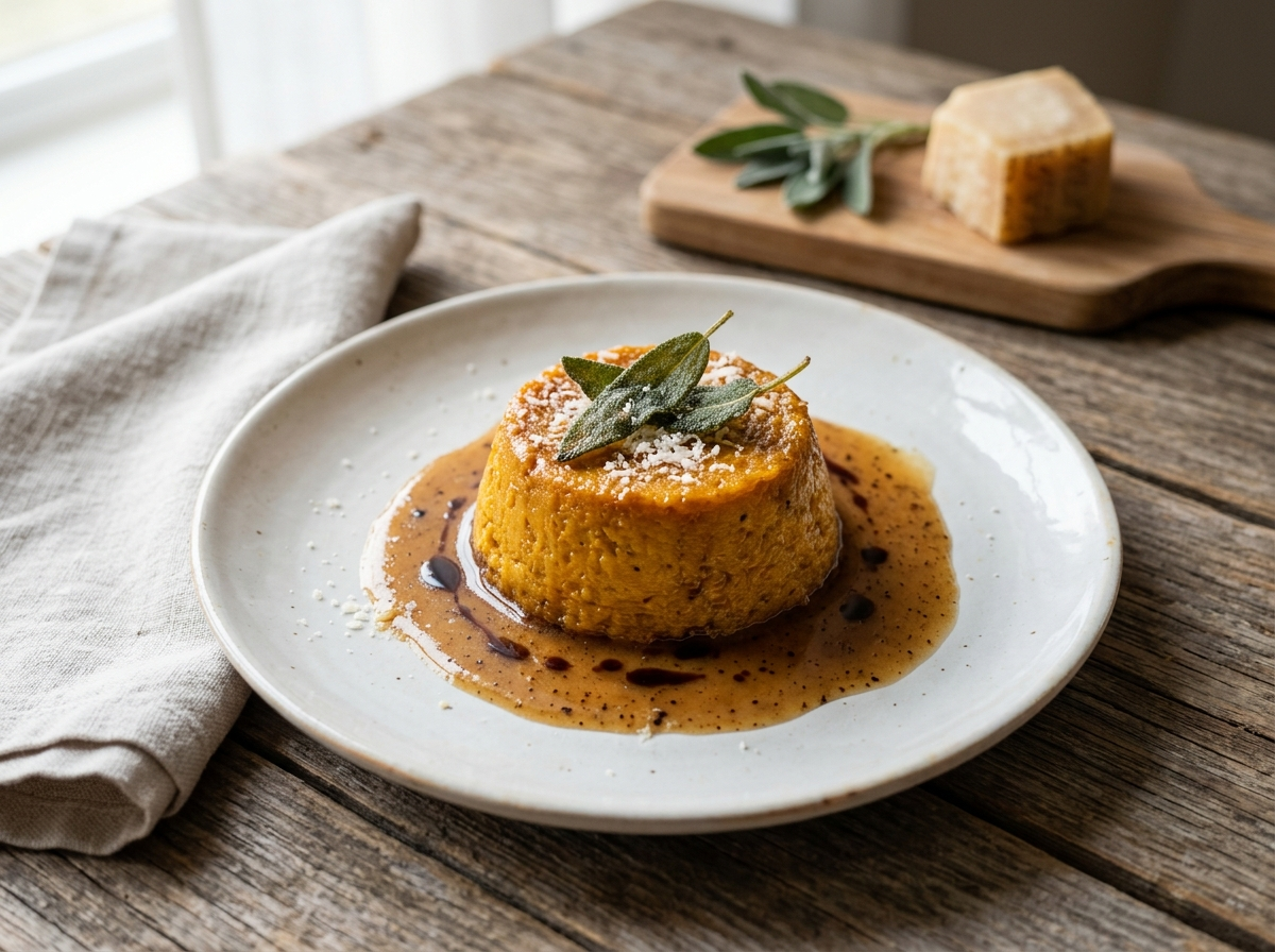 Single unmolded sformato di zucca on a white plate with brown butter, crispy sage, and balsamic drizzle