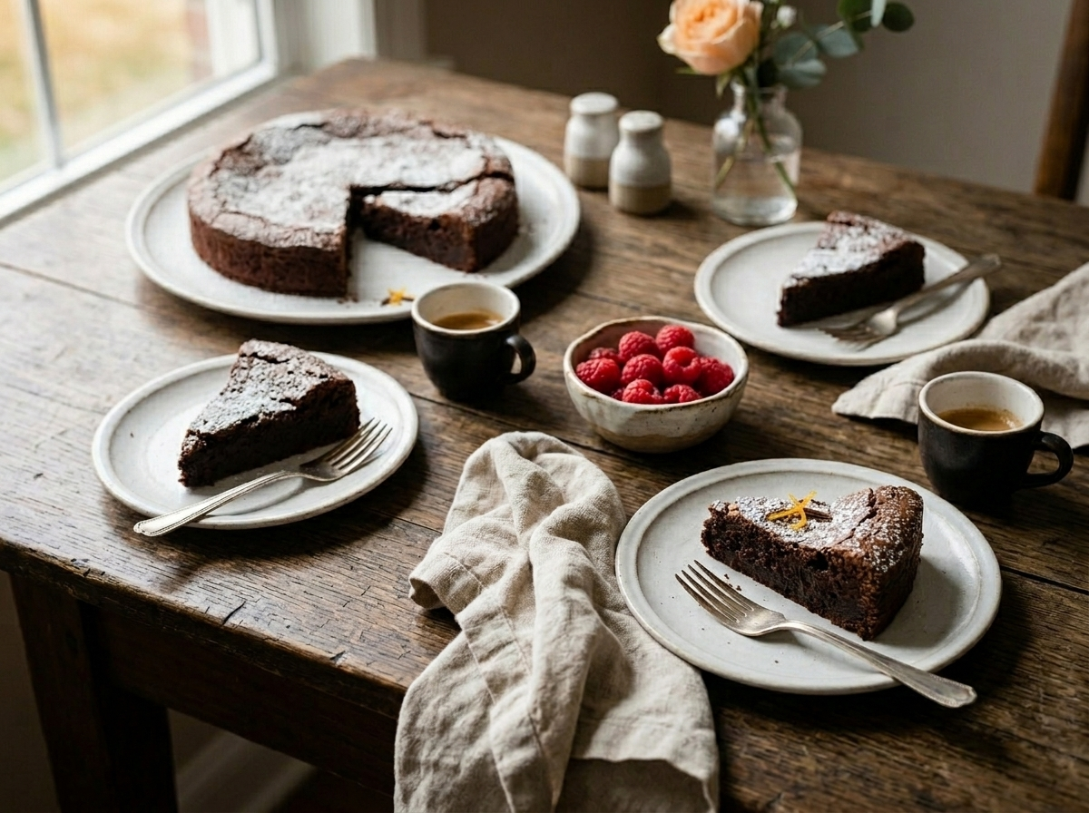 Two slices of torta tenerina served with fresh raspberries and espresso on a wooden dining table