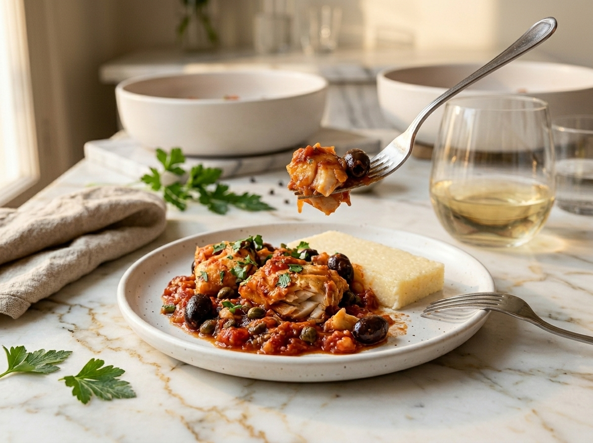 Plated baccalà alla livornese with white polenta and a glass of Vermentino on a marble table