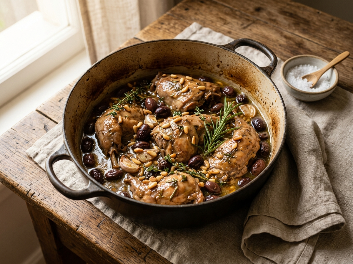 Coniglio alla Ligure in a Dutch oven with taggiasca olives, toasted pine nuts, and fresh rosemary braising sauce