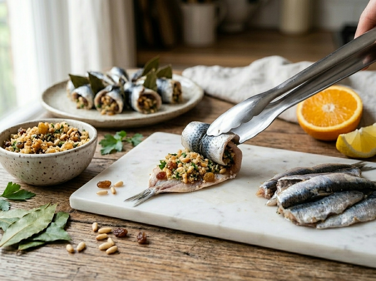 Butterflied sardine being rolled around pine nut and raisin breadcrumb stuffing on a marble surface