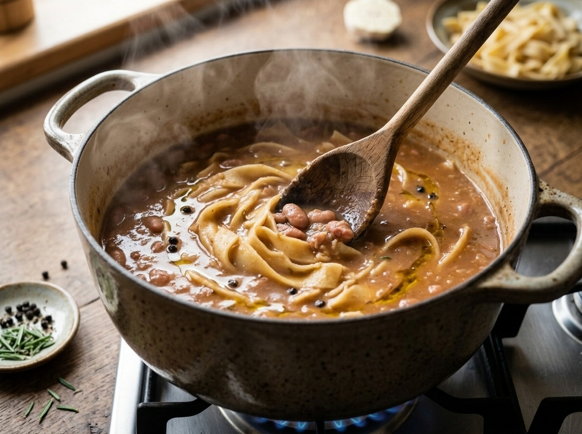Wide pasta strips being stirred into simmering borlotti bean broth in a heavy pot on the stovetop