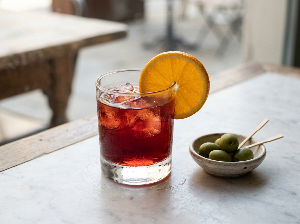 Classic Americano cocktail in a rocks glass with orange garnish and large ice cubes on a marble surface