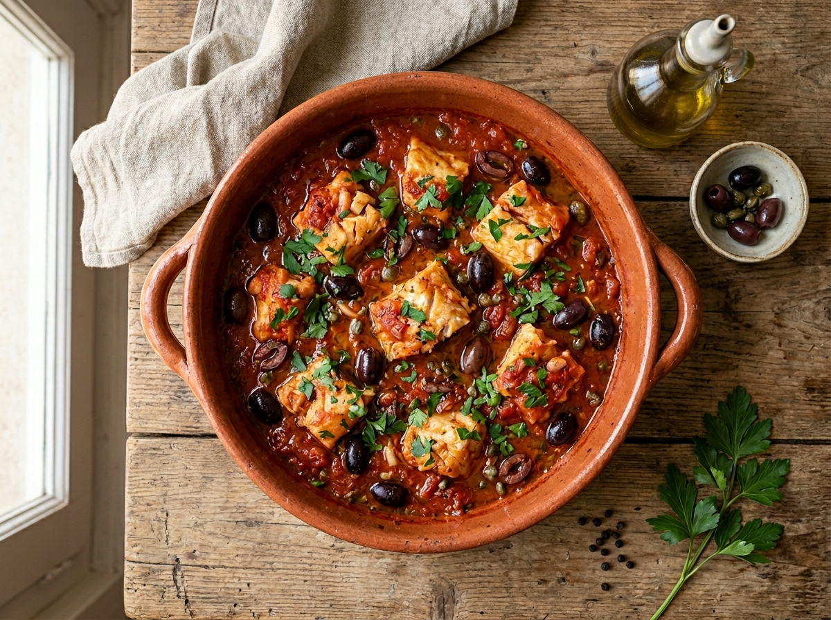 Baccalà alla livornese in a terracotta pan with tomato sauce, black olives, capers, and fresh parsley