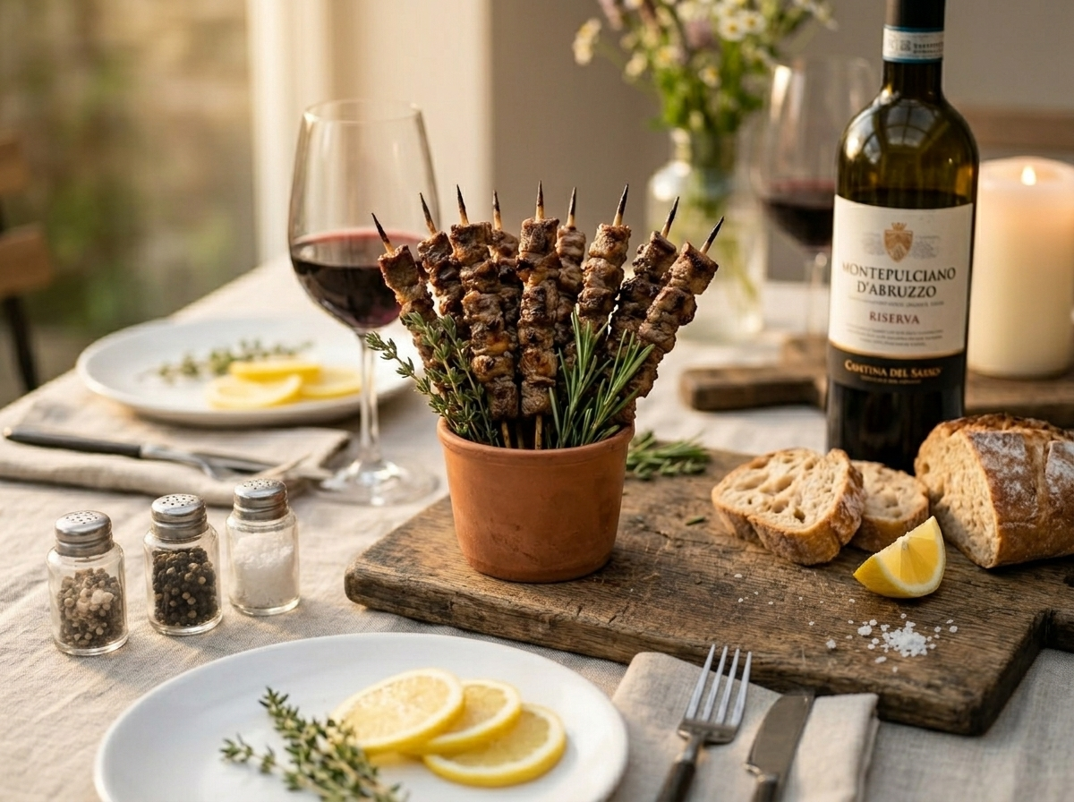 Arrosticini abruzzesi served upright in a terracotta cup alongside red wine and rustic bread at an outdoor table