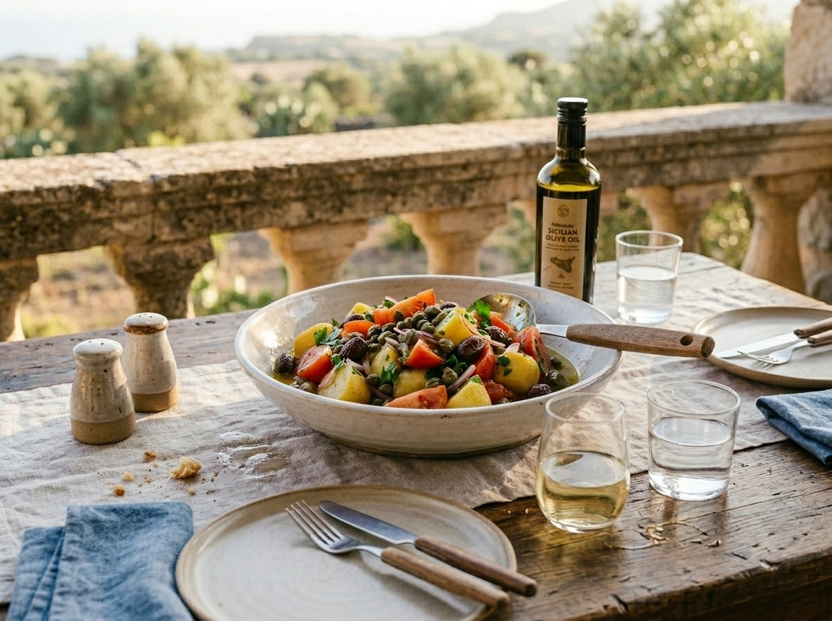 Insalata pantesca served family-style in a terracotta bowl at an outdoor summer table with olive oil and white wine