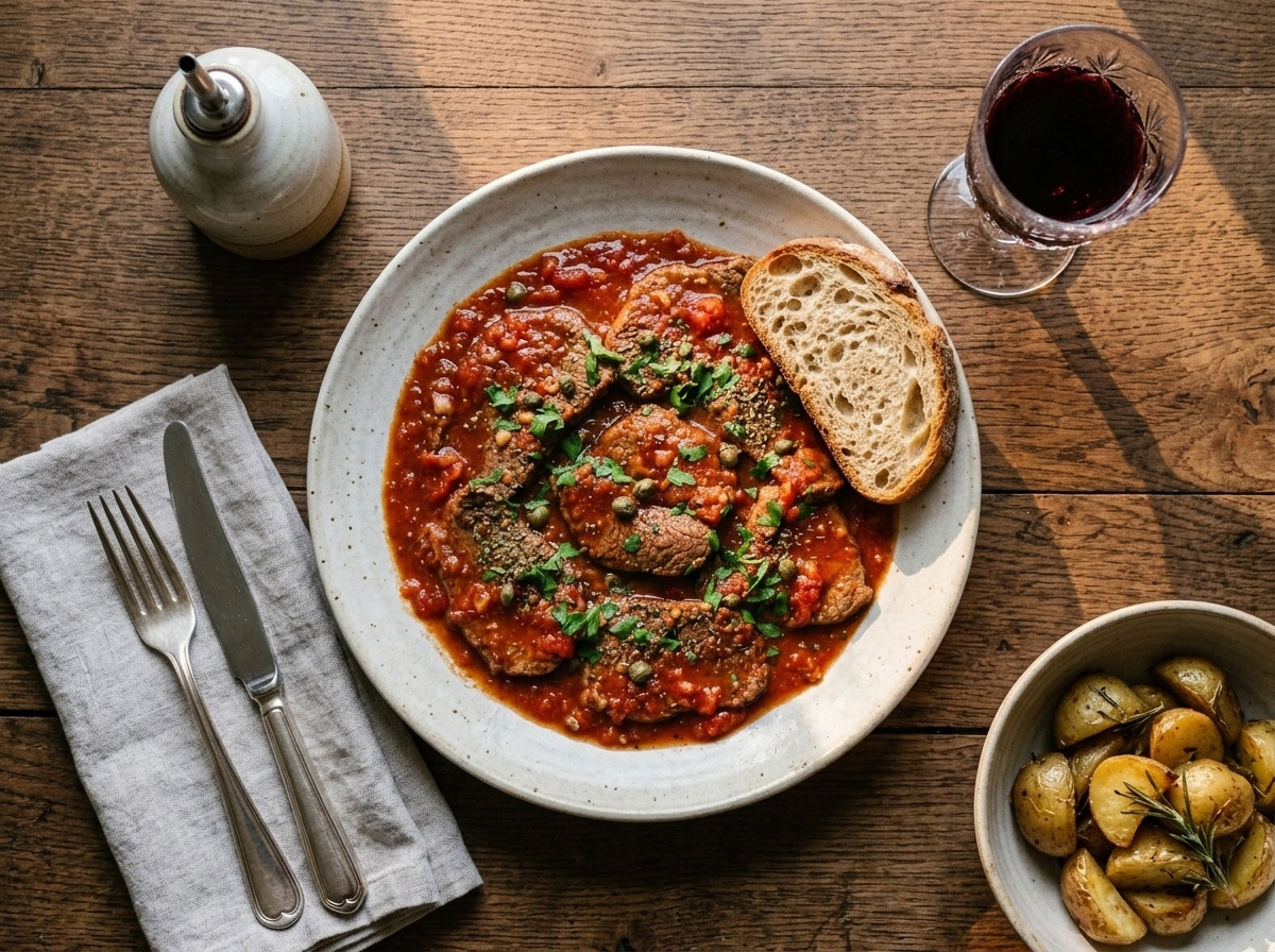 Plated carne alla pizzaiola on a ceramic dish with ciabatta, red wine, and linen napkin on a wooden table