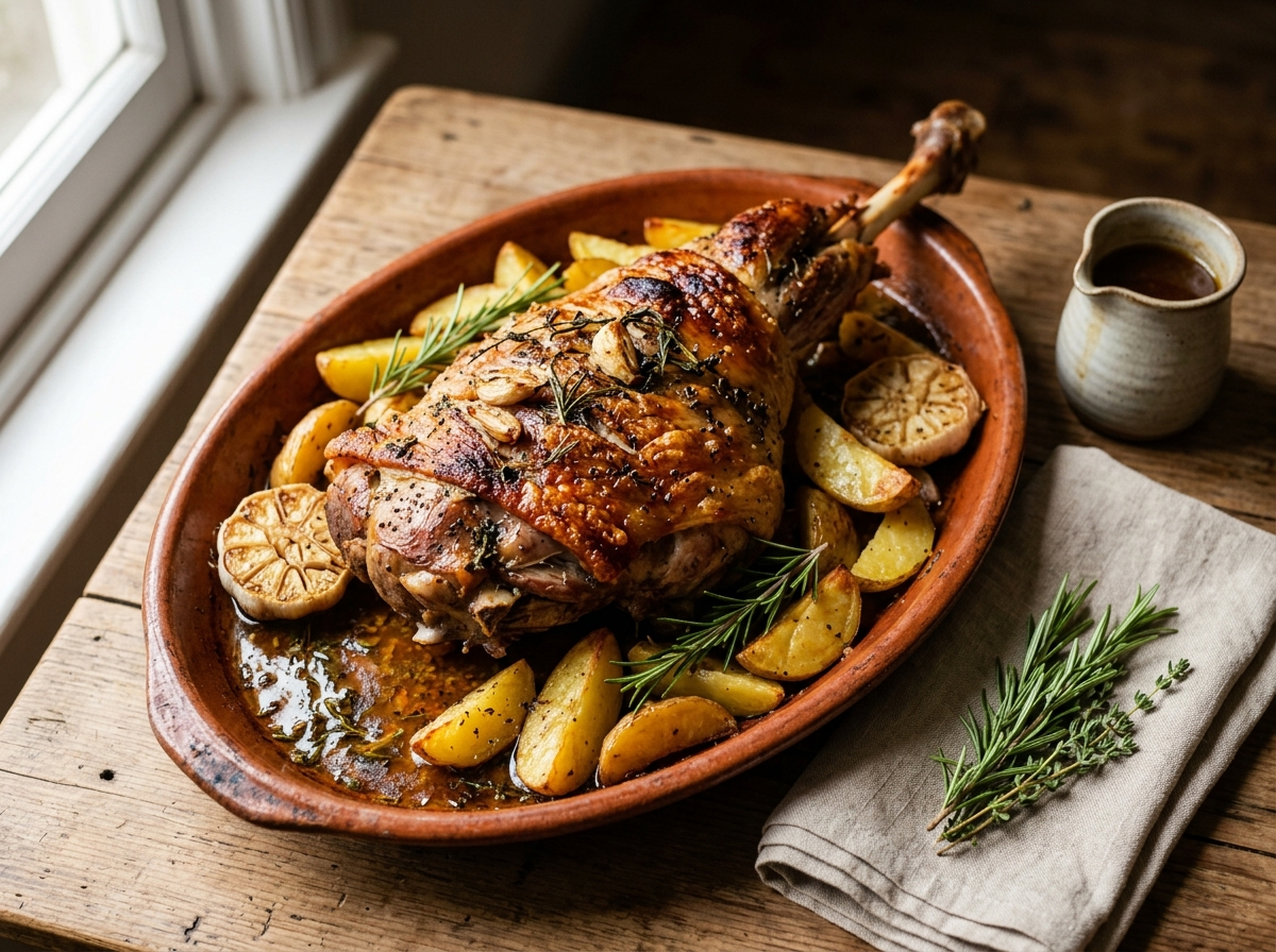Capretto al forno on a terracotta dish with crisp golden skin, rosemary, roasted garlic, and potato wedges
