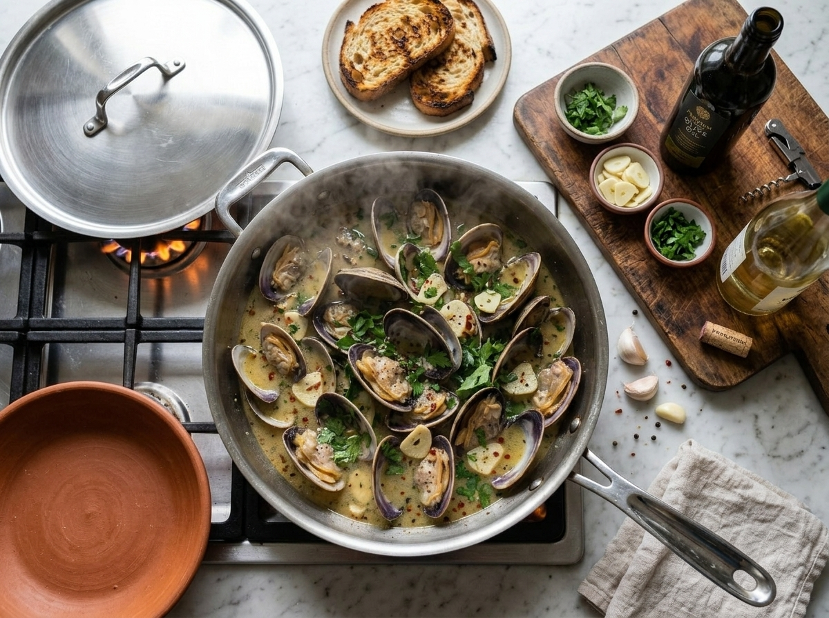 Vongole veraci steaming open in a wide pan with white wine, garlic, and parsley over high heat