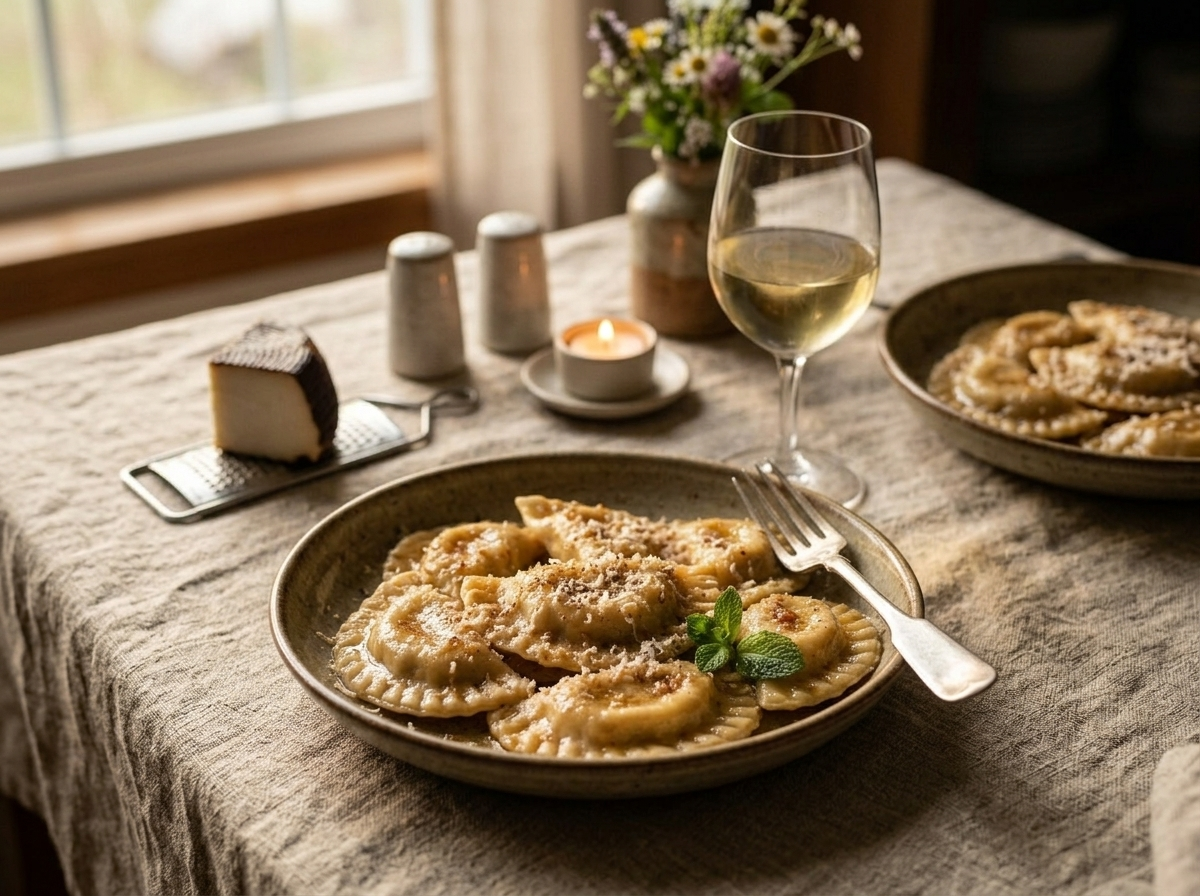 Two bowls of cjarsons friulani with a glass of Friulano white wine and ricotta affumicata on a linen table