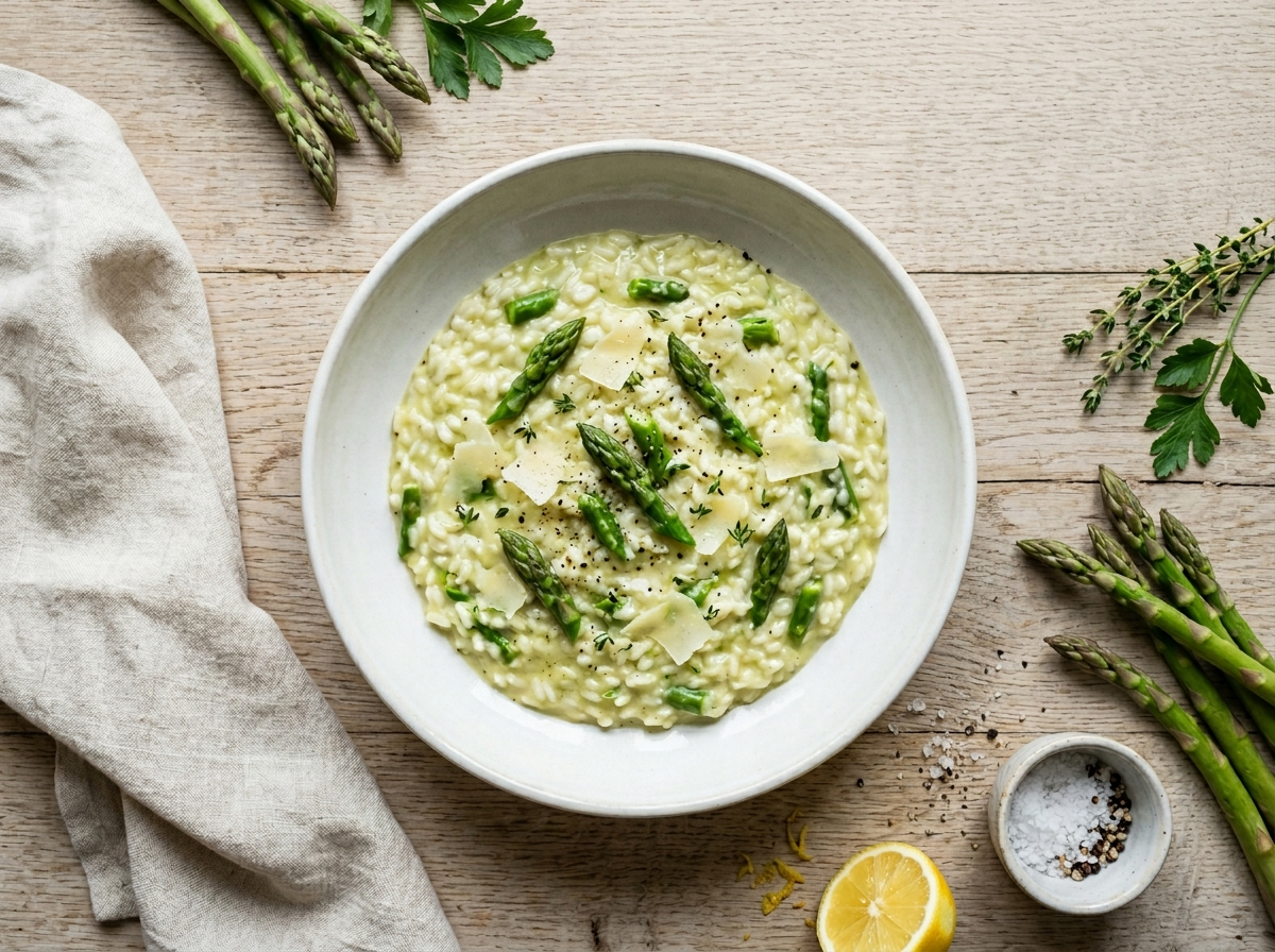 Top-down view of creamy asparagus risotto in a white bowl with bright green asparagus tips and Parmigiano shavings