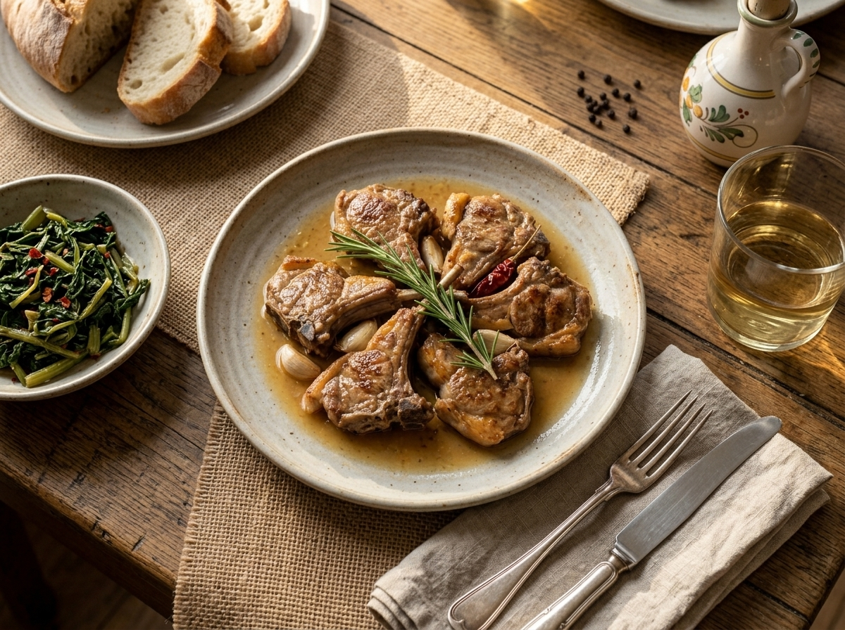 Plated Roman-style braised lamb chops with bitter greens and a glass of Frascati white wine on a wooden table