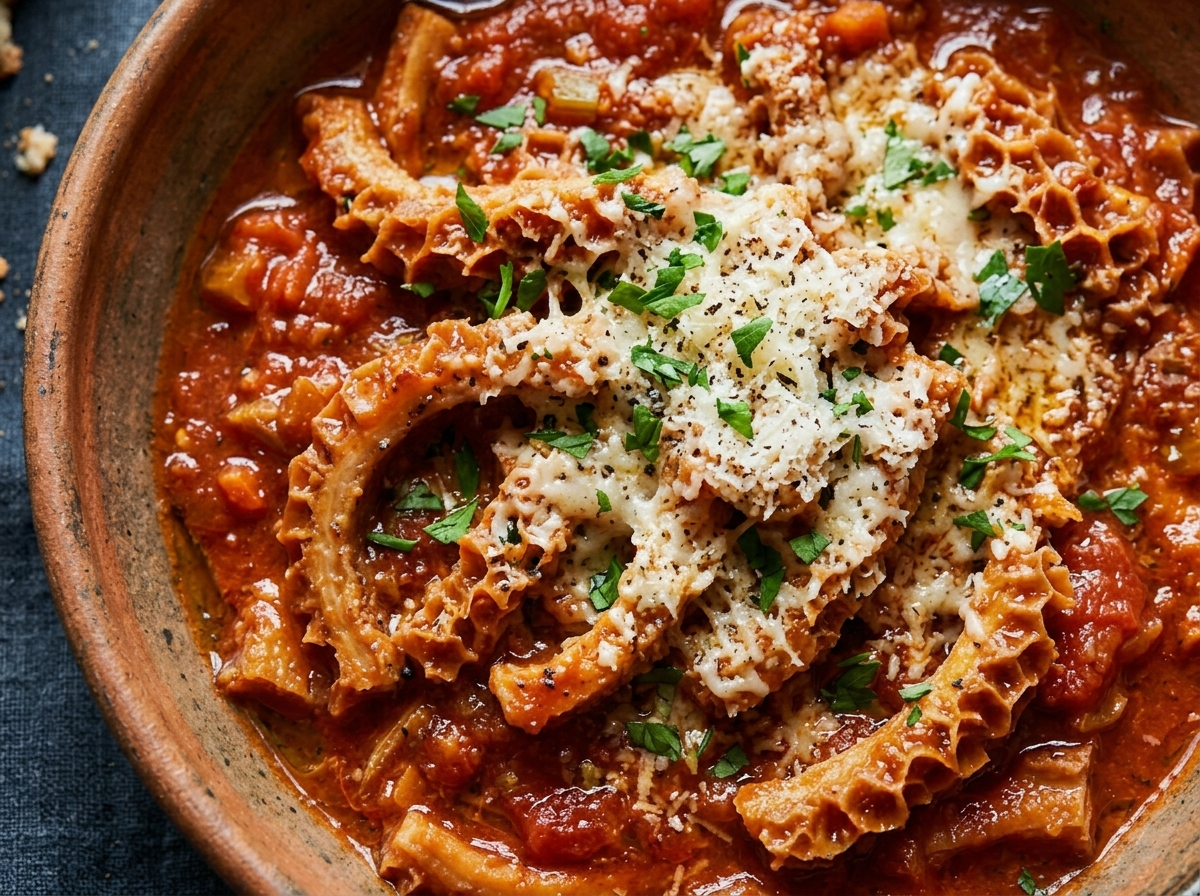 Trippa alla Fiorentina in a ceramic bowl with tomato sauce, grated Parmigiano, and fresh parsley on linen