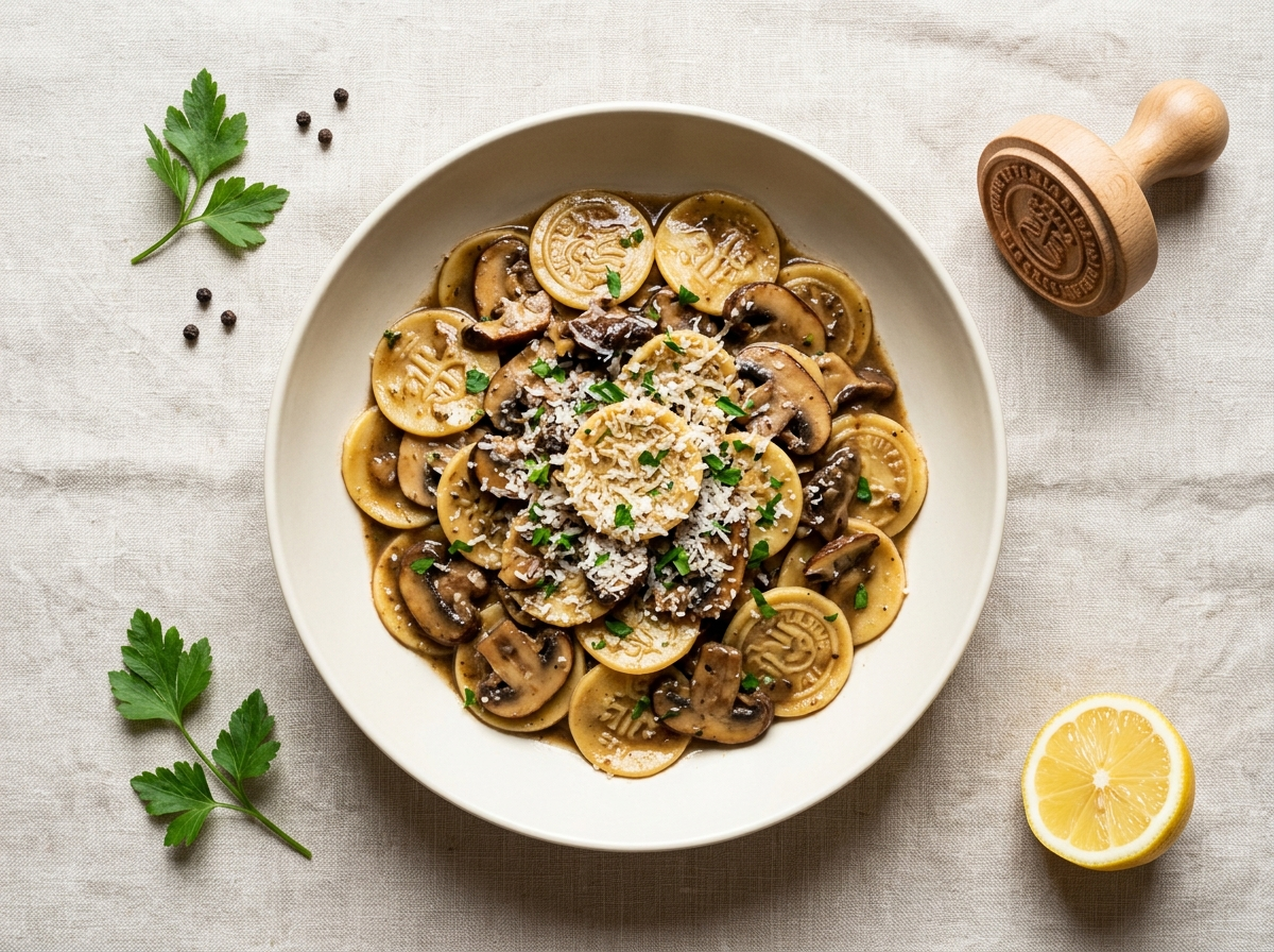 Bowl of corzetti al sugo di funghi with embossed pasta coins coated in porcini mushroom sauce and grated Parmigiano