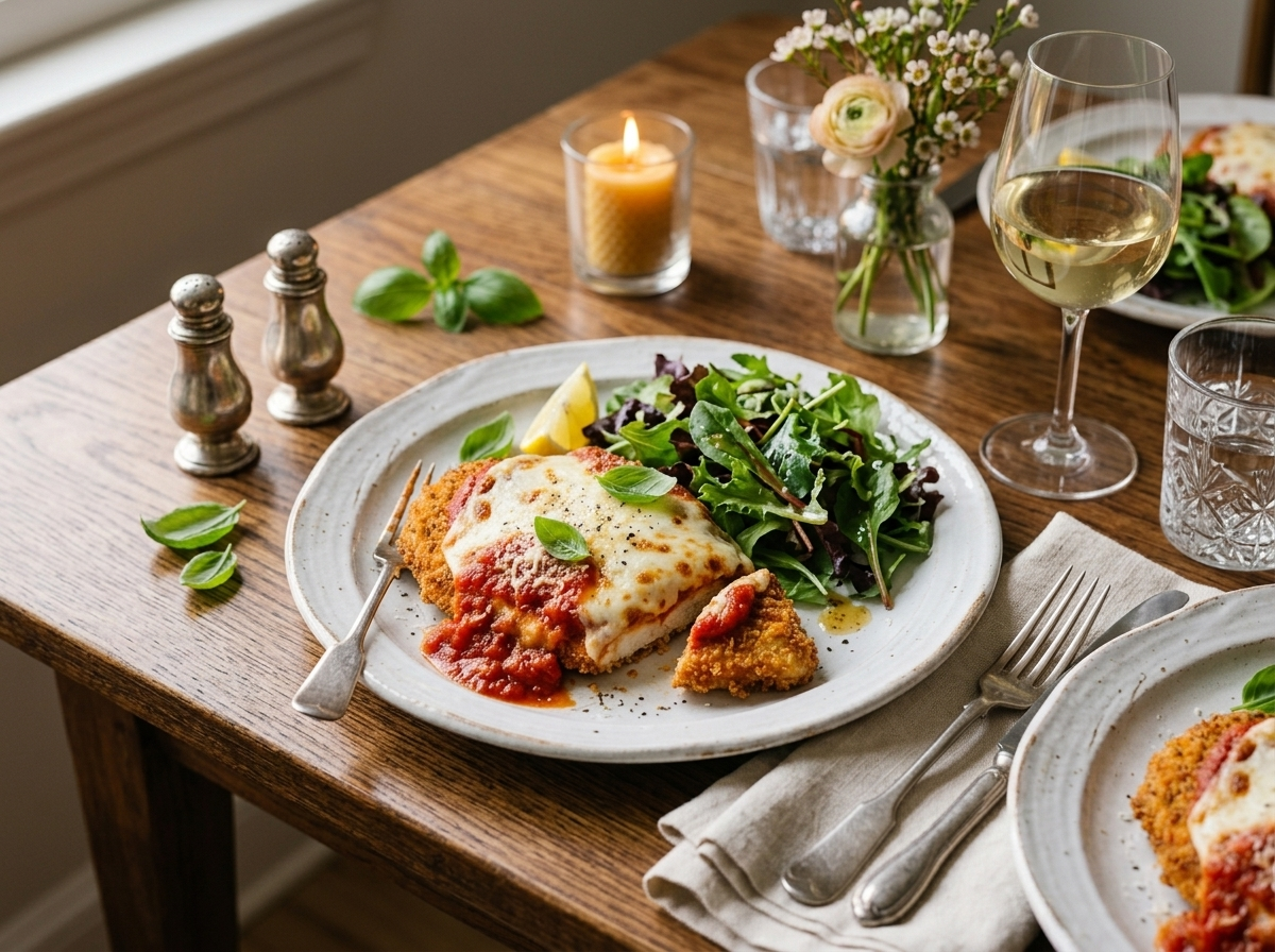 Plated chicken parmigiana with green salad and a glass of white wine on a linen-covered wooden dining table