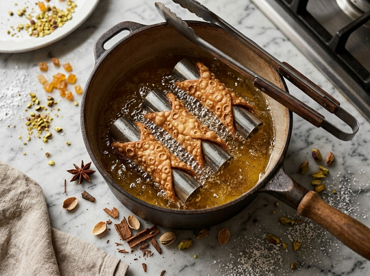 Cannoli shells on metal tubes frying in bubbling hot oil in a cast-iron saucepan on the stovetop
