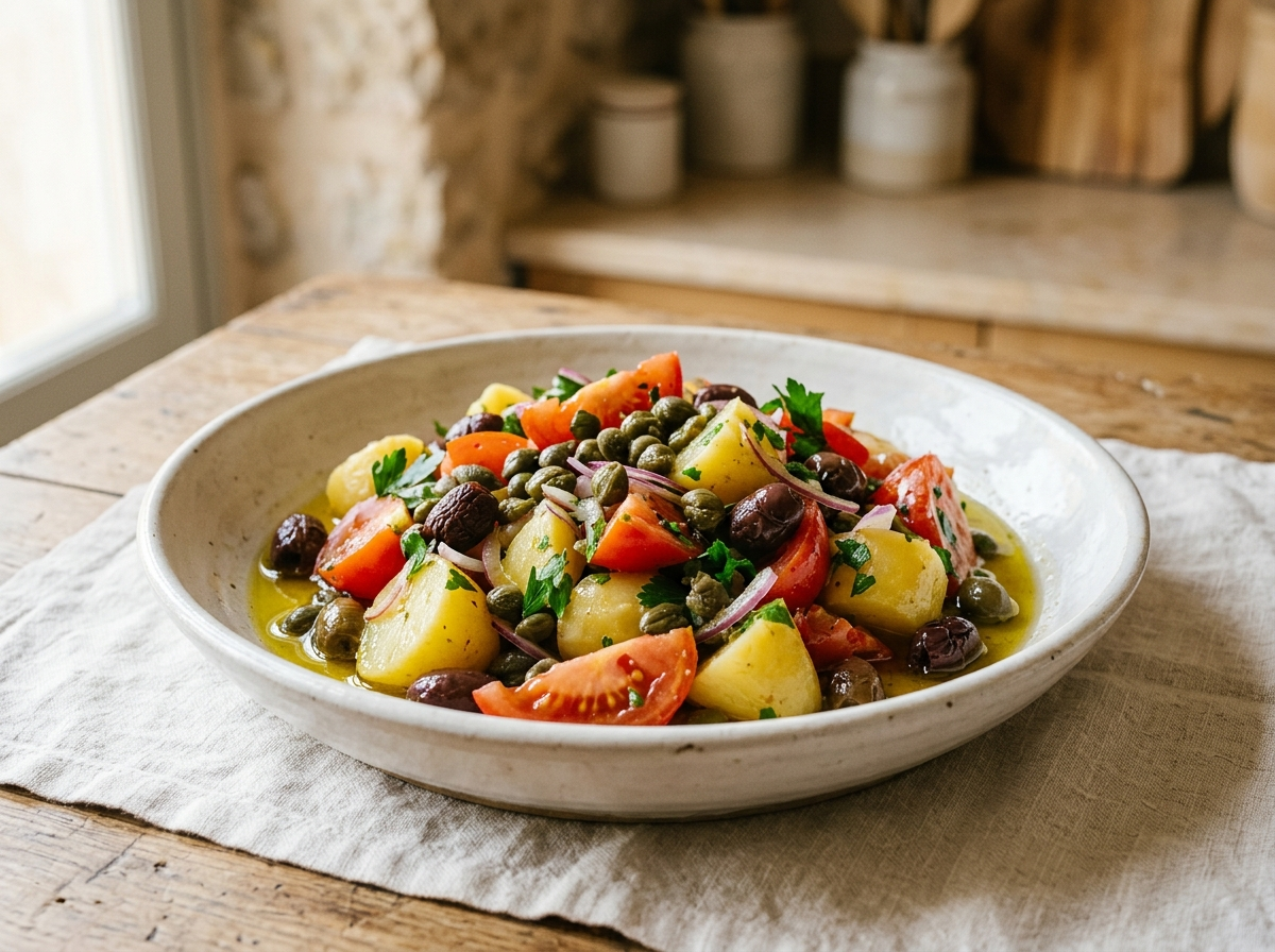 Insalata pantesca in a white ceramic bowl with potatoes, capers, black olives, tomatoes, and red onion