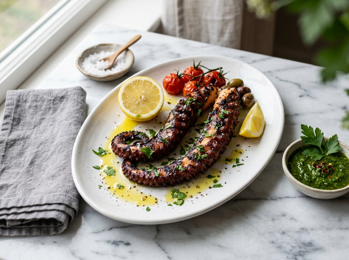 Charred grilled octopus tentacles on a white plate with olive oil, parsley, and lemon on marble surface