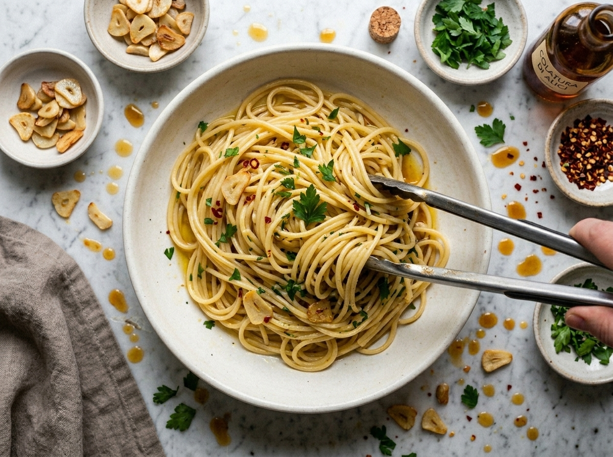 Tongs tossing glossy spaghetti in a ceramic bowl as olive oil and pasta water emulsify into the colatura dressing