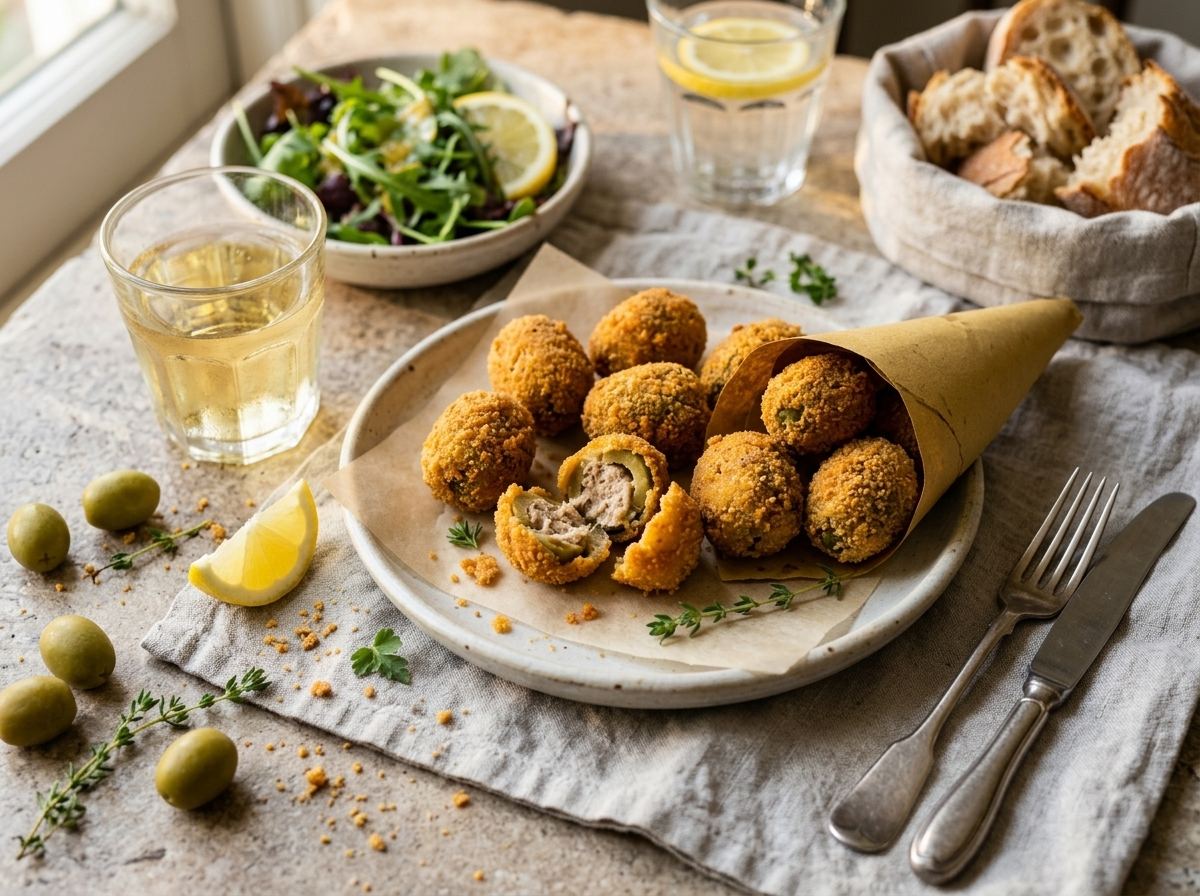 Paper cone of hot fried olive all'ascolana on a linen napkin beside a glass of white wine, Italian aperitivo style