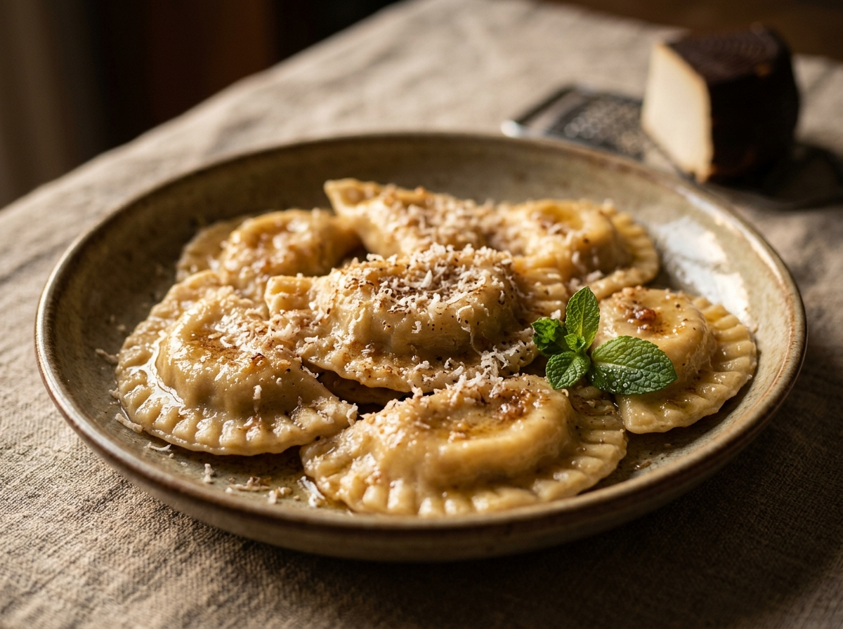 Plate of cjarsons friulani with browned butter, grated smoked ricotta, and mint leaves on a linen tablecloth