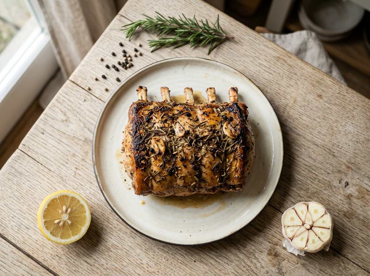 Bone-in Tuscan roast pork loin on a wooden board with herb crust and carved slices showing juicy interior